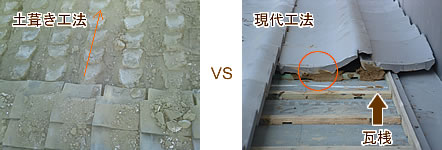 土葺き工法と現代工法の泥の使い方の比較